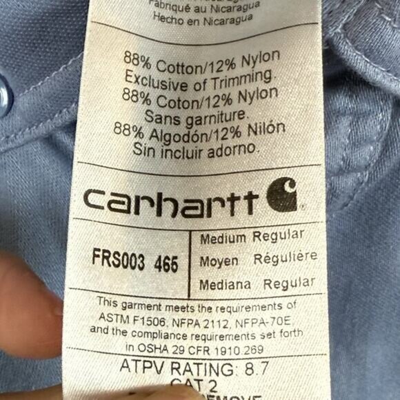 Carhartt FR Long Sleeve Button Up Flame Resistant Shirt Sz M Long Sleeve Blue - Picture 7 of 12